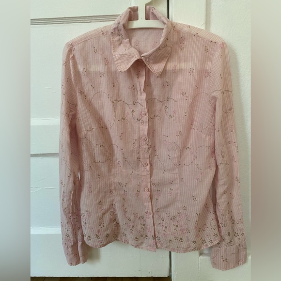 Vintage Sheer Y2K Floral and Stripped Pink Button Down - Picture 4 of 8